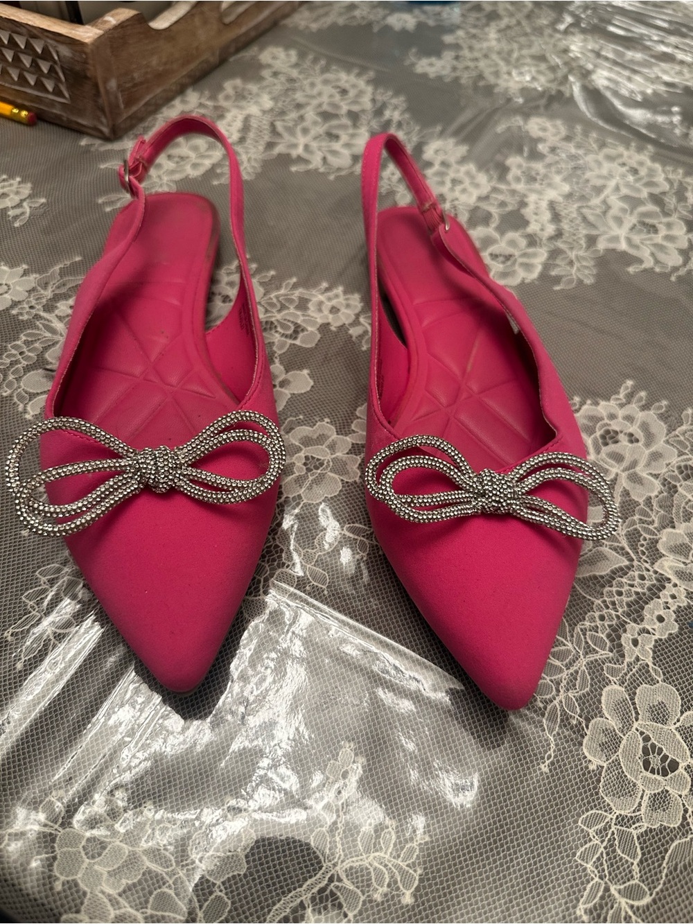 BCBGeneration Pointed Slingback Flats with Rhinestone Bow in Hot Pink